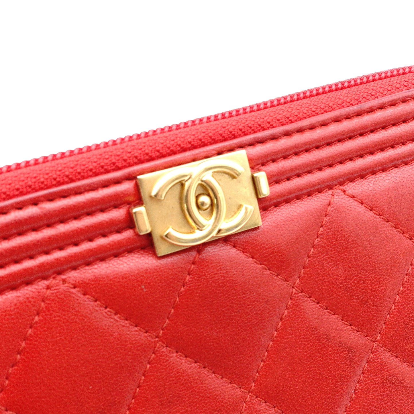 CHANEL Lambskin Boy Chanel Long Wallet, Leather, Red, Gold Hardware