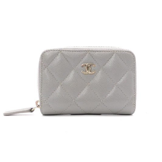 CHANEL Caviar Skin Matelassé Coin Purse, Leather, Gray, Silver Hardware, Wallet