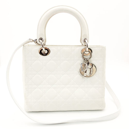Christian Dior Lady Dior Medium Handbag White Cannage 2-Way White Leather Silver Hardware R801376
