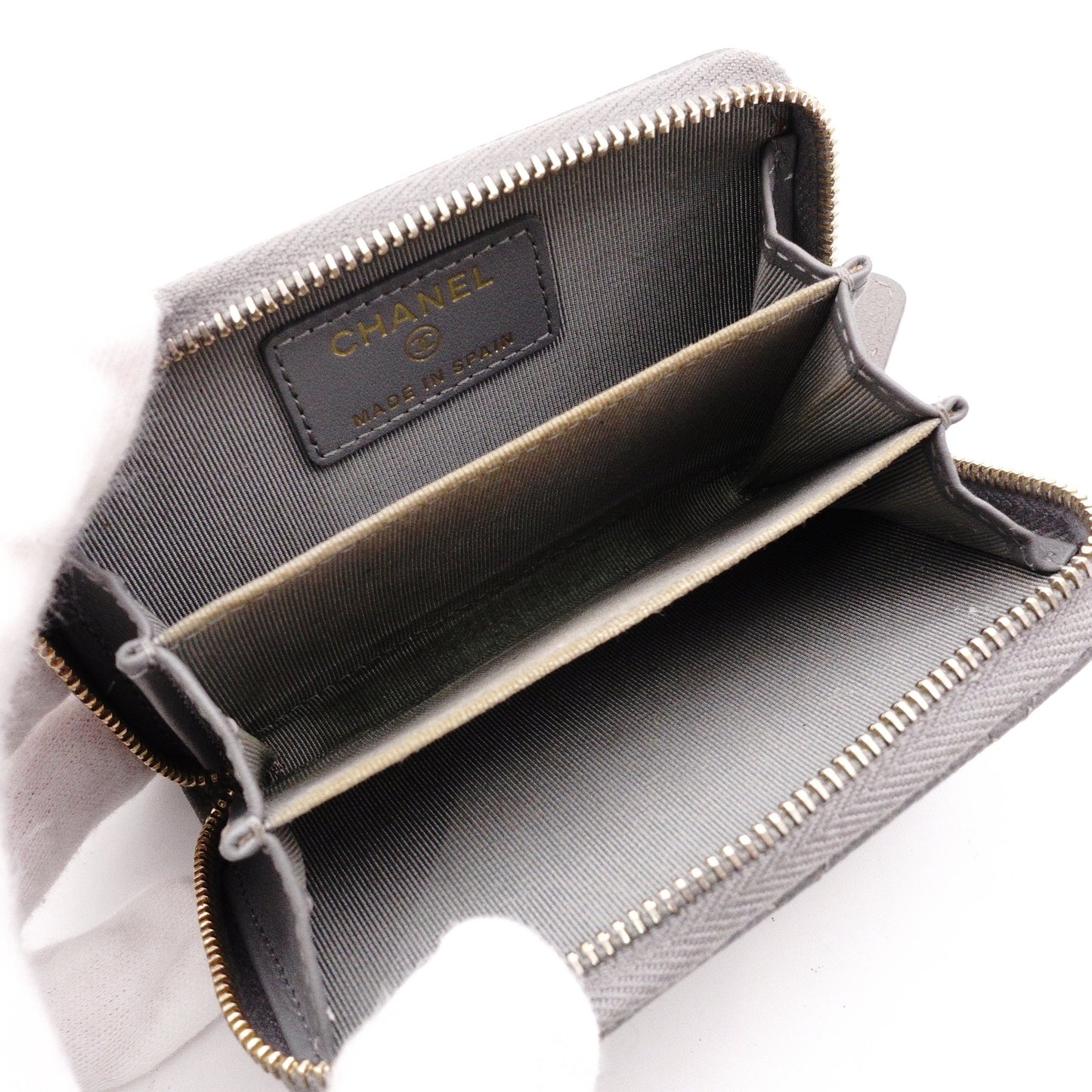 CHANEL Caviar Skin Matelassé Coin Purse, Leather, Gray, Silver Hardware, Wallet