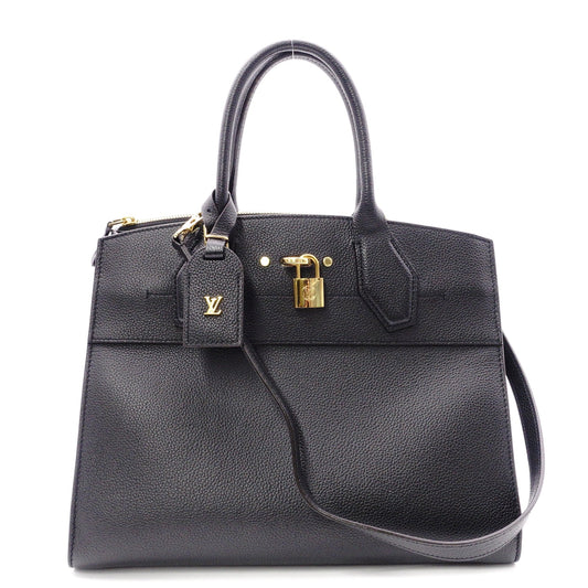 LOUIS VUITTON City Steamer MM Handbag, Leather, Black, 2-Way, Gold Hardware