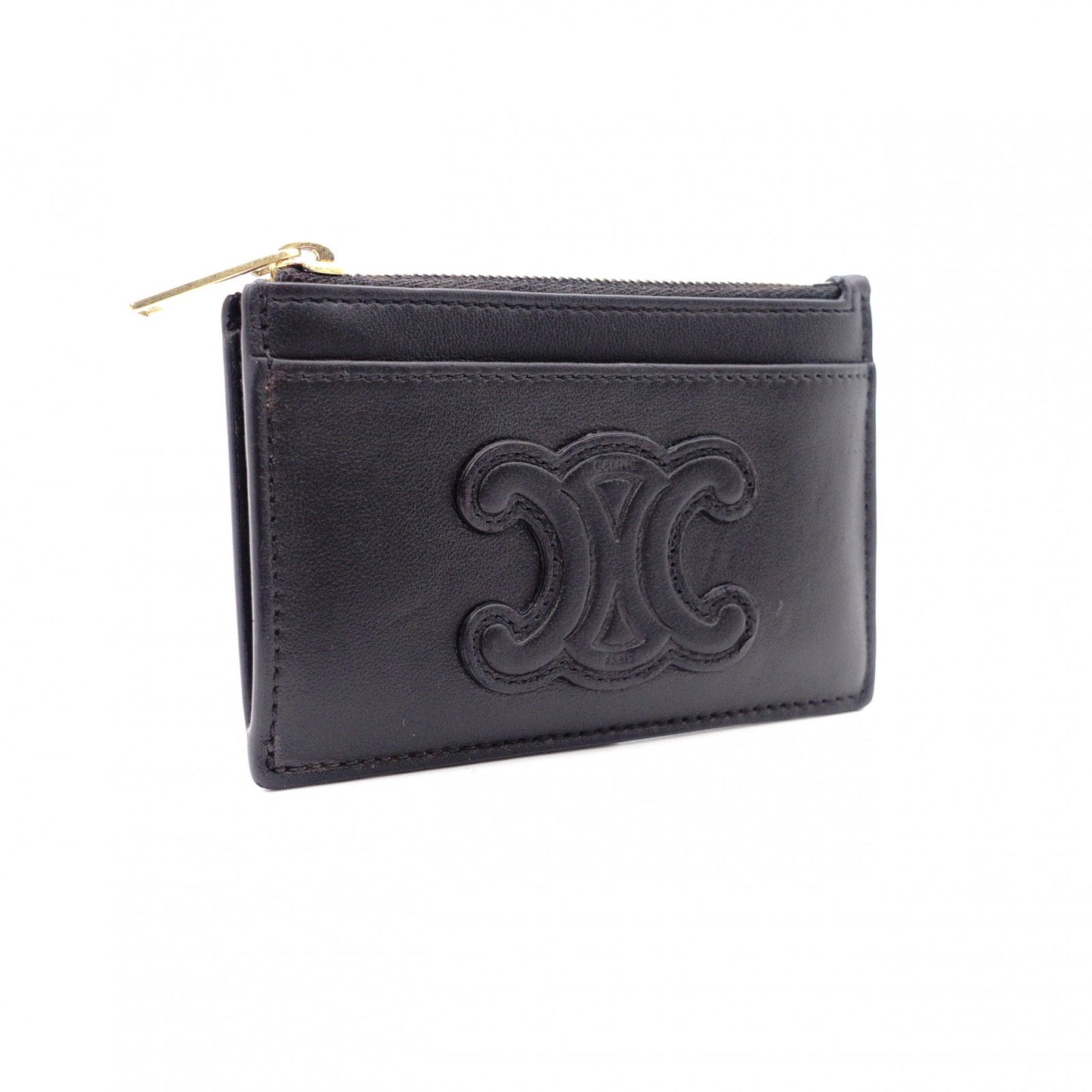 CELINE Macadam Coin Purse, Leather, Black, Logo, Gold Hardware