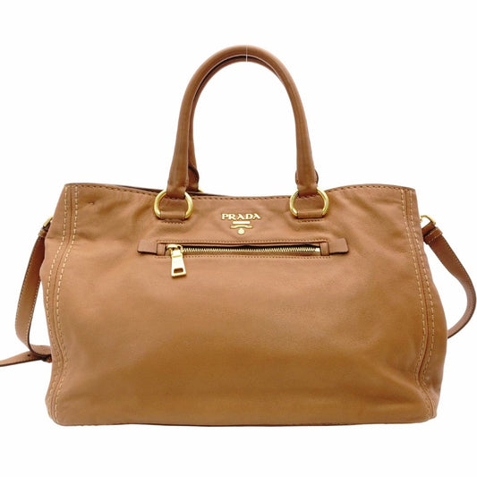 PRADA Vittorino Leather Tote Bag Brown 2-Way Leather Brown Gold Hardware Handbag R801567