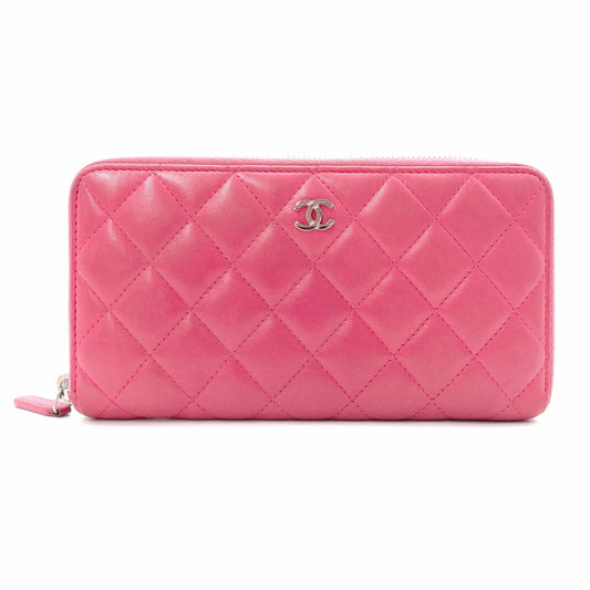 CHANEL Lambskin Matelassé Long Wallet, Leather, Pink, with Silver Hardware