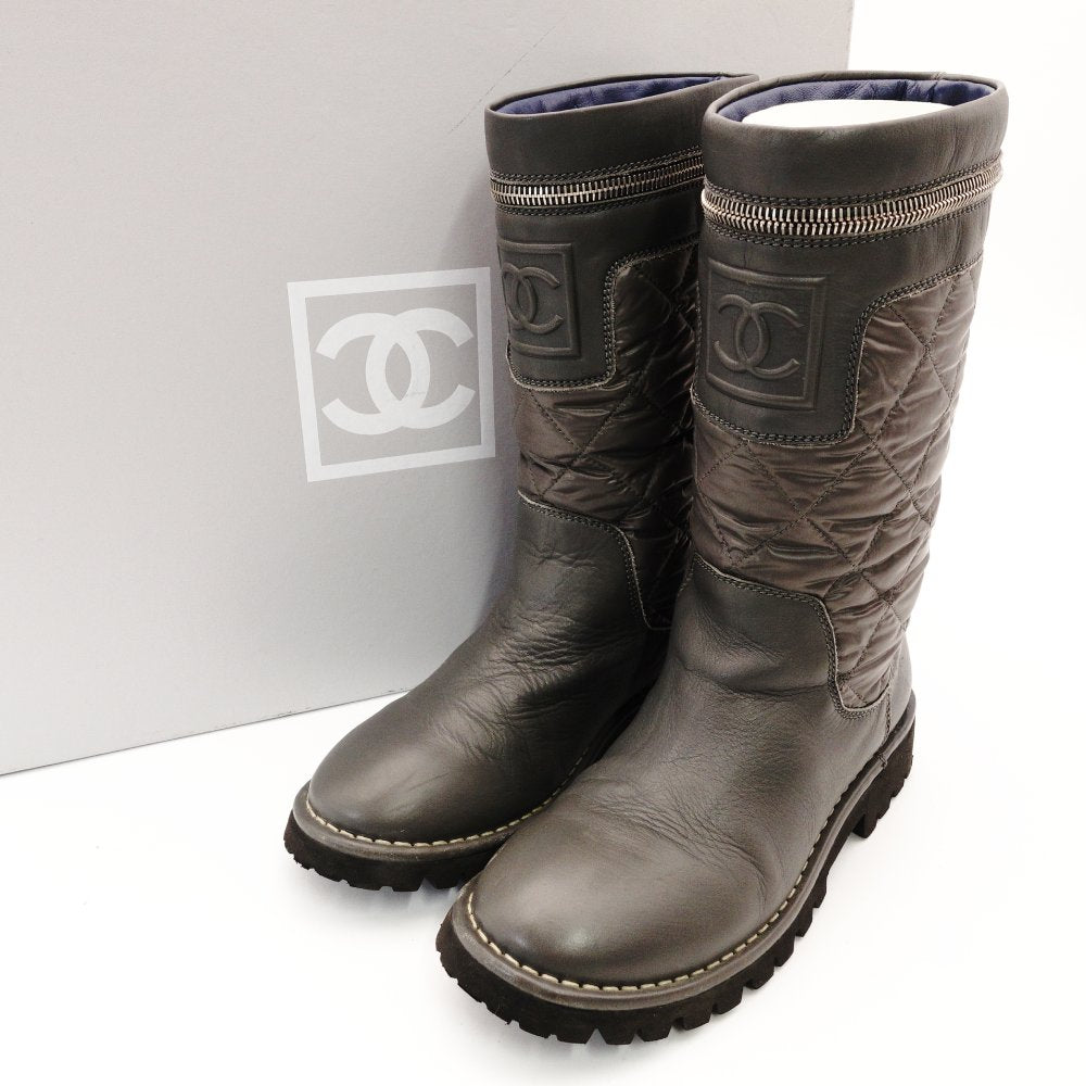 CHANEL CocoCoon Gray Long Boots Leather CC Logo Size 37 Approx. 24cm Boots High-Cut Women's With Box R801495