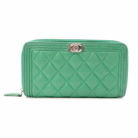 CHANEL Caviar Skin Boy Chanel Long Wallet, Leather, Green, Silver Hardware