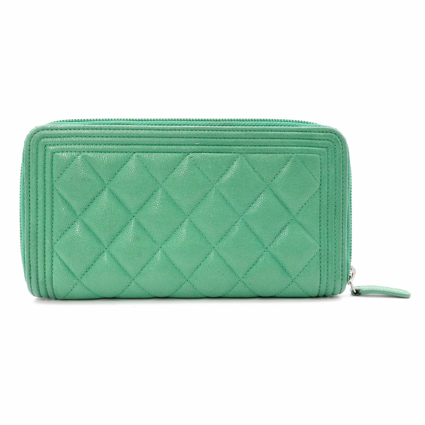 CHANEL Caviar Skin Boy Chanel Long Wallet, Leather, Green, Silver Hardware