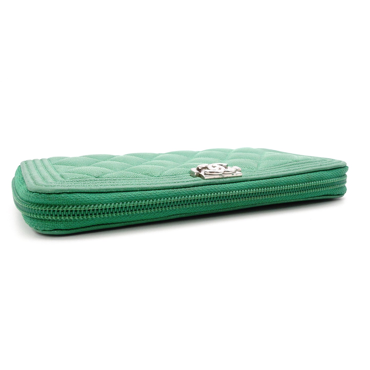 CHANEL Caviar Skin Boy Chanel Long Wallet, Leather, Green, Silver Hardware