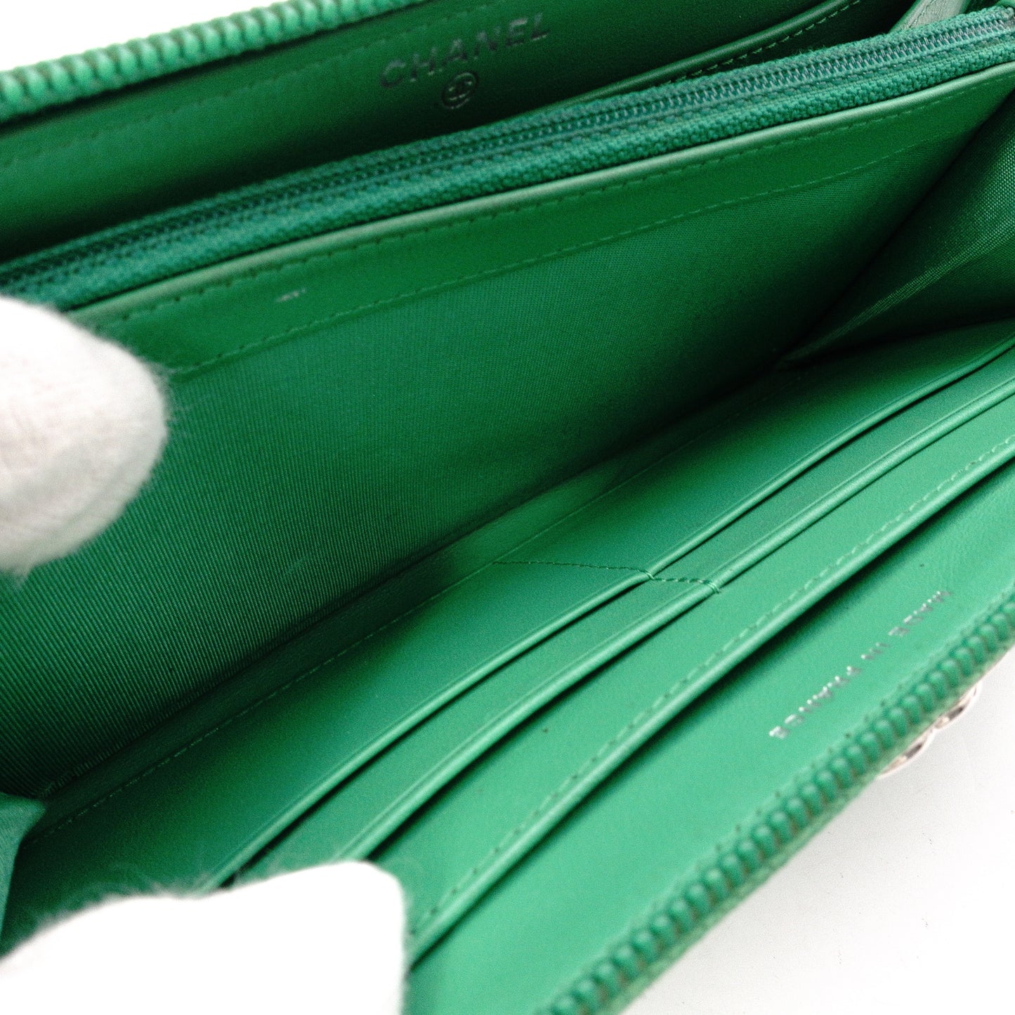 CHANEL Caviar Skin Boy Chanel Long Wallet, Leather, Green, Silver Hardware