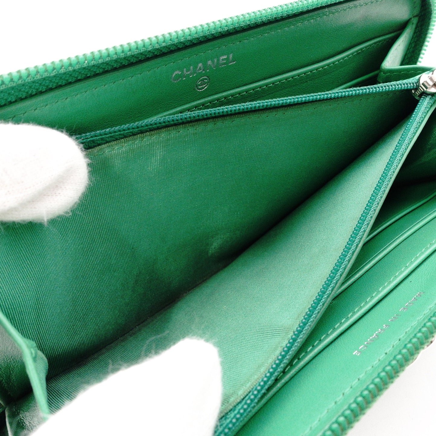 CHANEL Caviar Skin Boy Chanel Long Wallet, Leather, Green, Silver Hardware