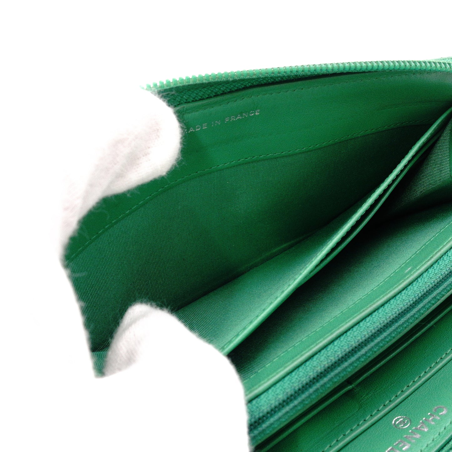 CHANEL Caviar Skin Boy Chanel Long Wallet, Leather, Green, Silver Hardware