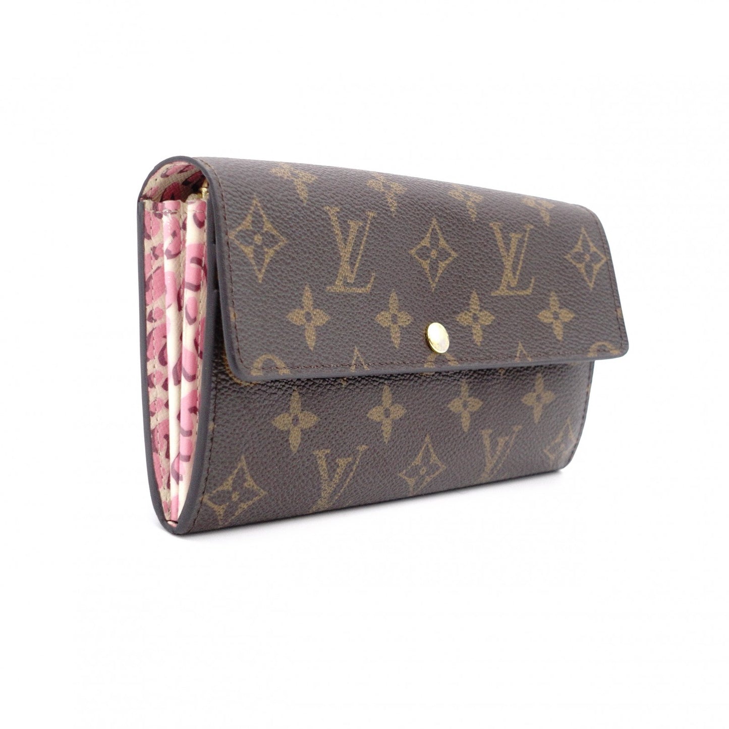 LOUIS VUITTON Leopard Sara Bronco Corail Monogram Canvas Long Wallet, PVC, Brown