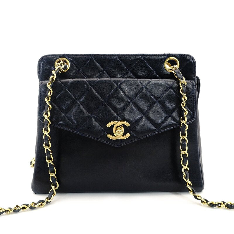 CHANEL Matelassé Turnlock Chain Shoulder Bag Navy Lambskin Gold Hardware 7-9-595