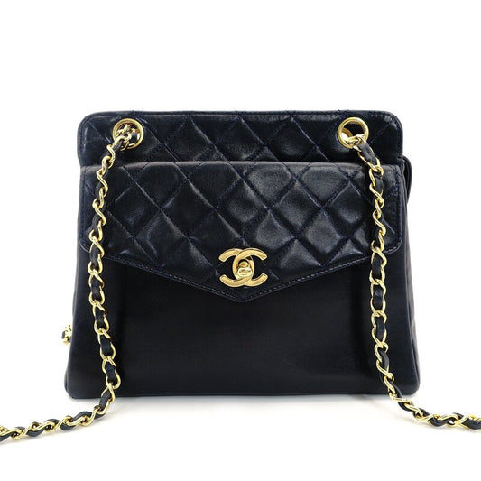 CHANEL Matelassé Turnlock Chain Shoulder Bag Navy Lambskin Gold Hardware 7-9-595