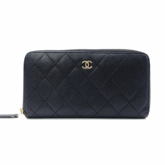 CHANEL Caviar Skin Matelassé Long Wallet, Leather, Black, with Gold Hardware