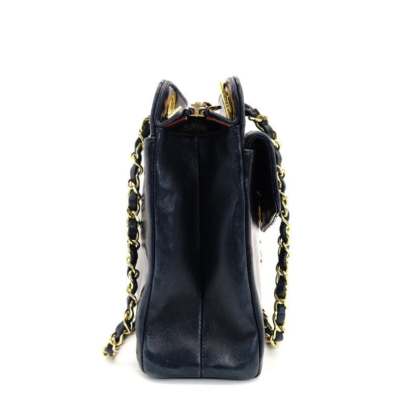 CHANEL Matelassé Turnlock Chain Shoulder Bag Navy Lambskin Gold Hardware 7-9-595