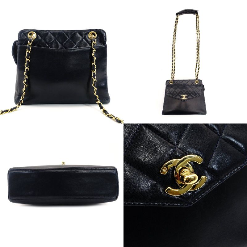 CHANEL Matelassé Turnlock Chain Shoulder Bag Navy Lambskin Gold Hardware 7-9-595