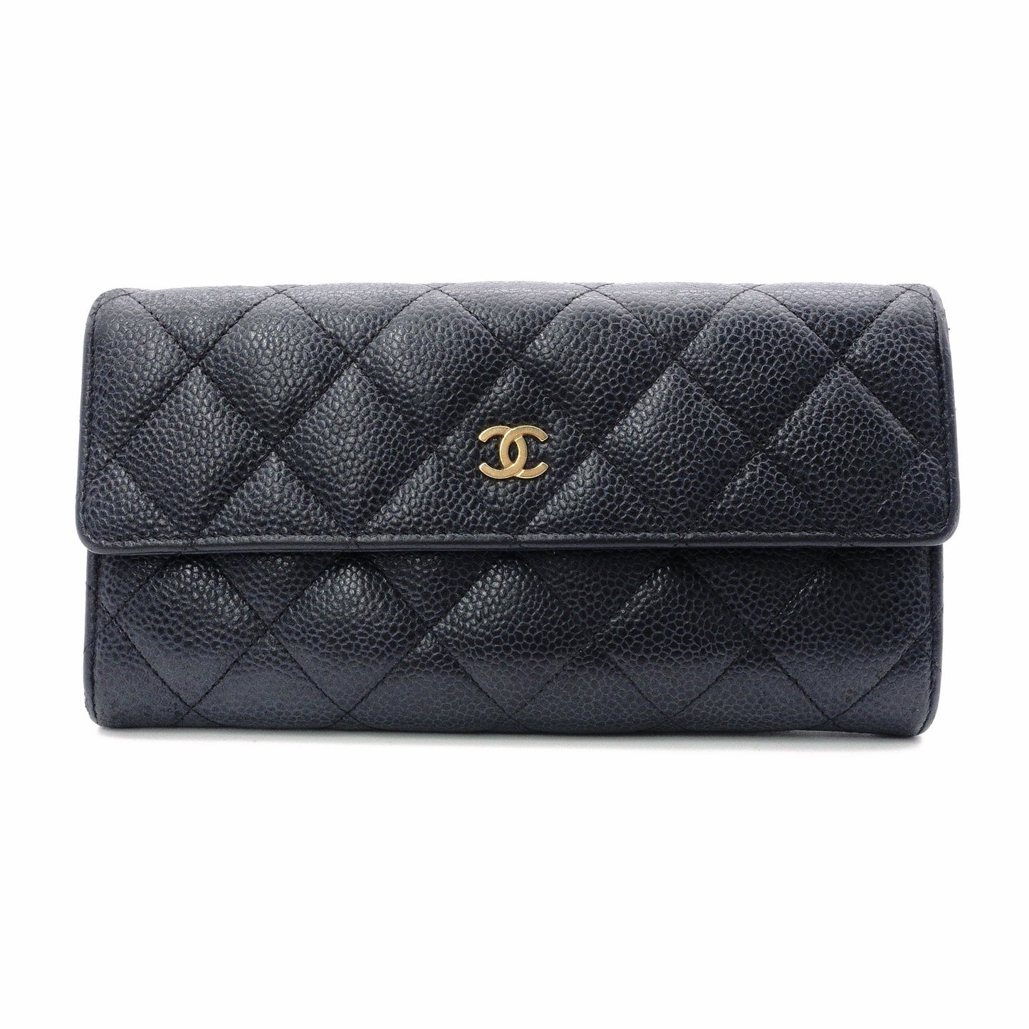 CHANEL Caviar Skin Matelassé Flap Long Wallet, Leather, Black, Wallet, Black, Gold Hardware