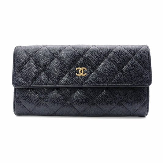 CHANEL Caviar Skin Matelassé Flap Long Wallet, Leather, Black, Wallet, Black, Gold Hardware