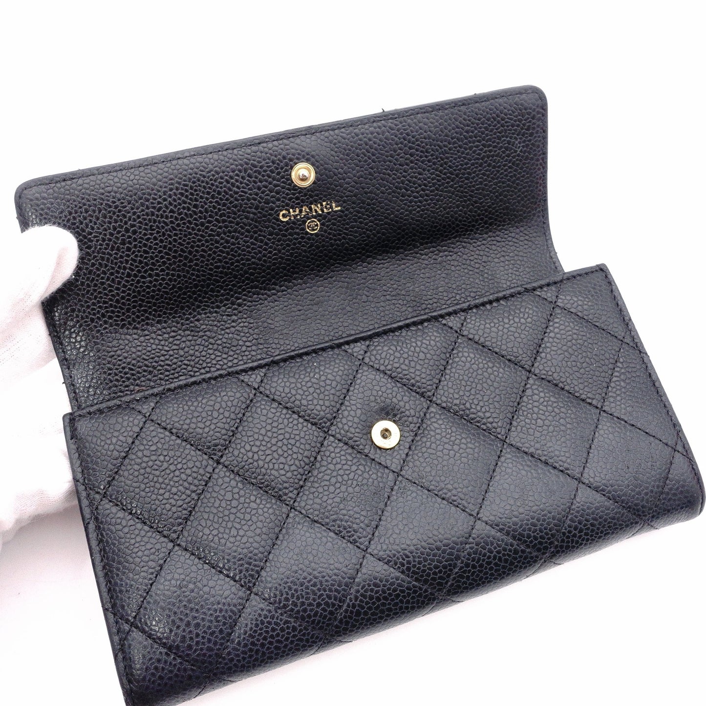 CHANEL Caviar Skin Matelassé Flap Long Wallet, Leather, Black, Wallet, Black, Gold Hardware