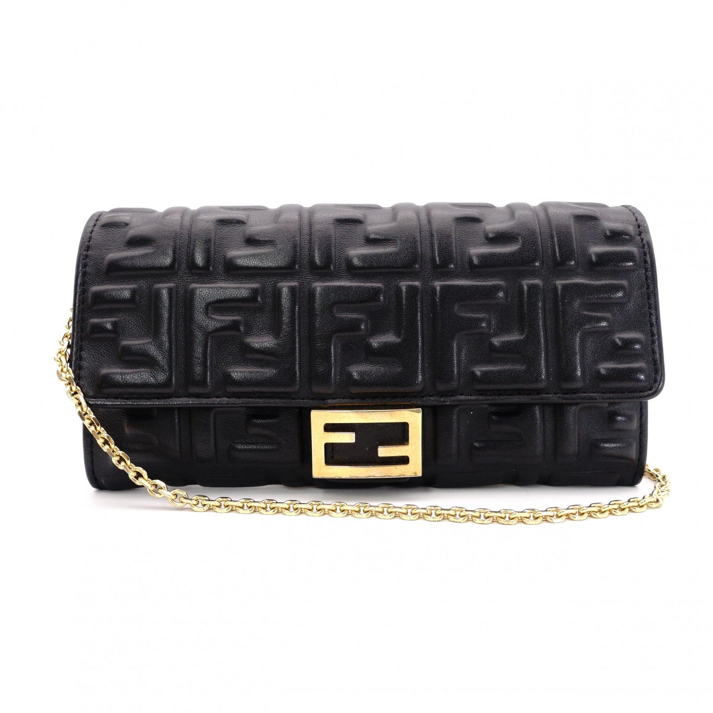 FENDI Baguette Chain Wallet Shoulder Bag, Leather, Black