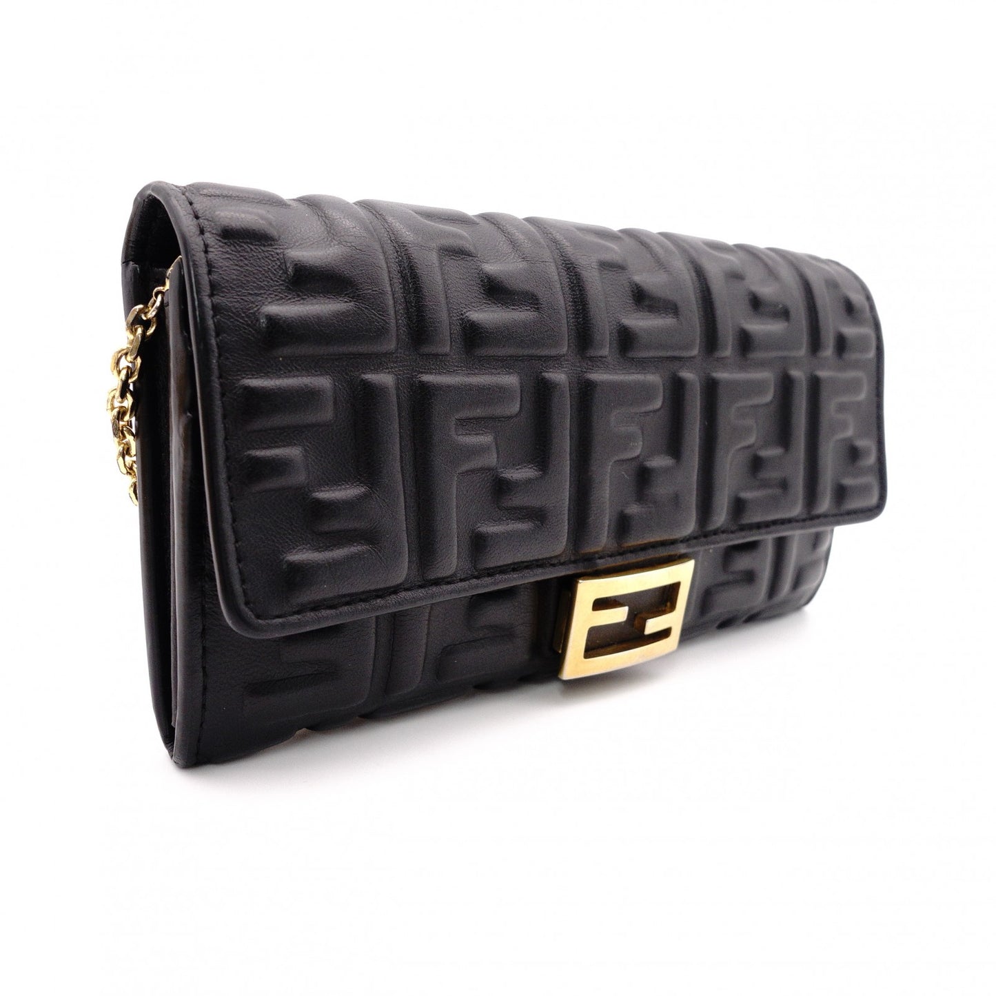FENDI Baguette Chain Wallet Shoulder Bag, Leather, Black
