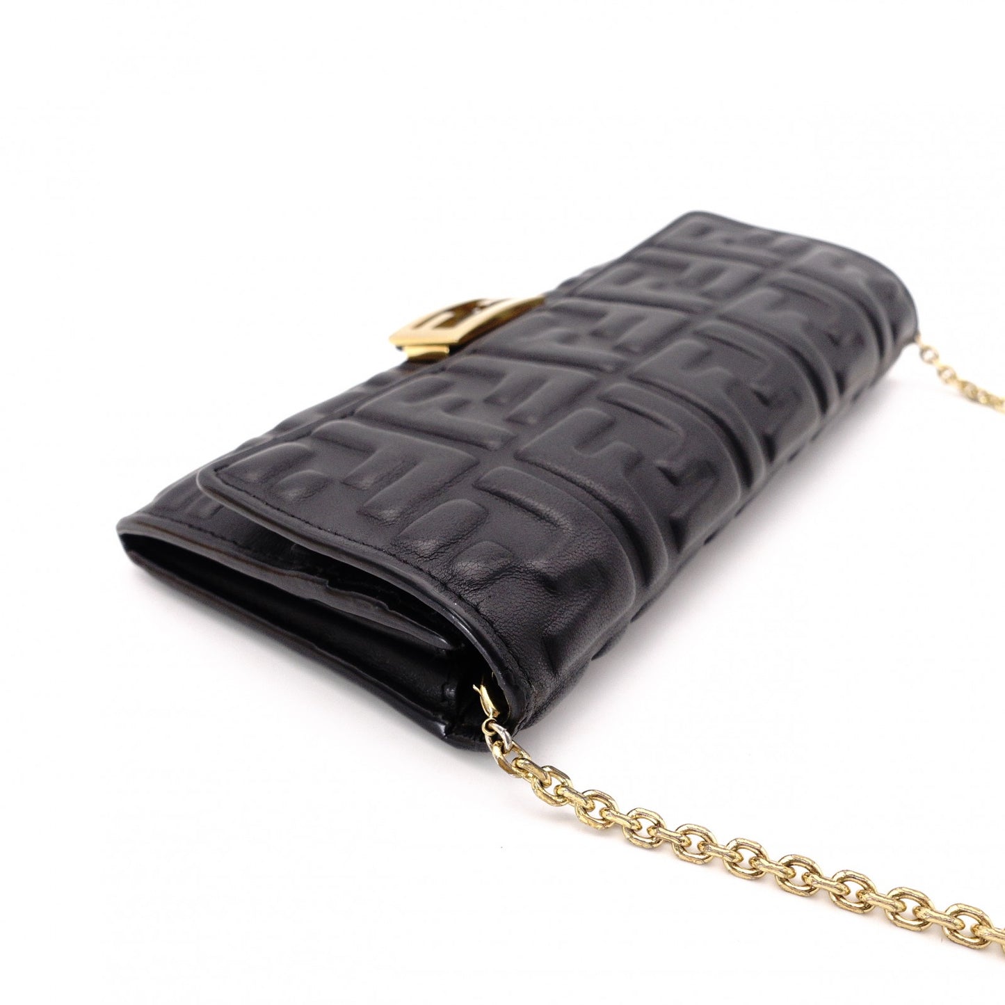 FENDI Baguette Chain Wallet Shoulder Bag, Leather, Black