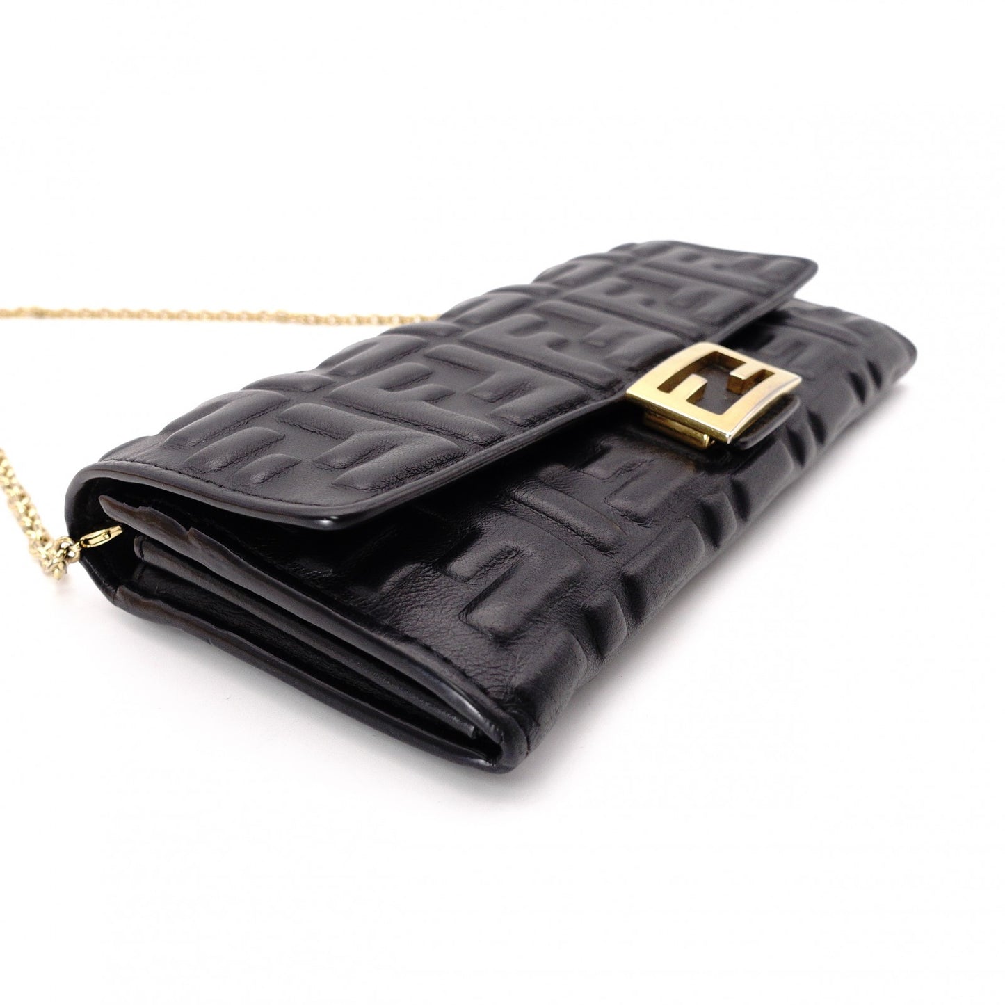 FENDI Baguette Chain Wallet Shoulder Bag, Leather, Black
