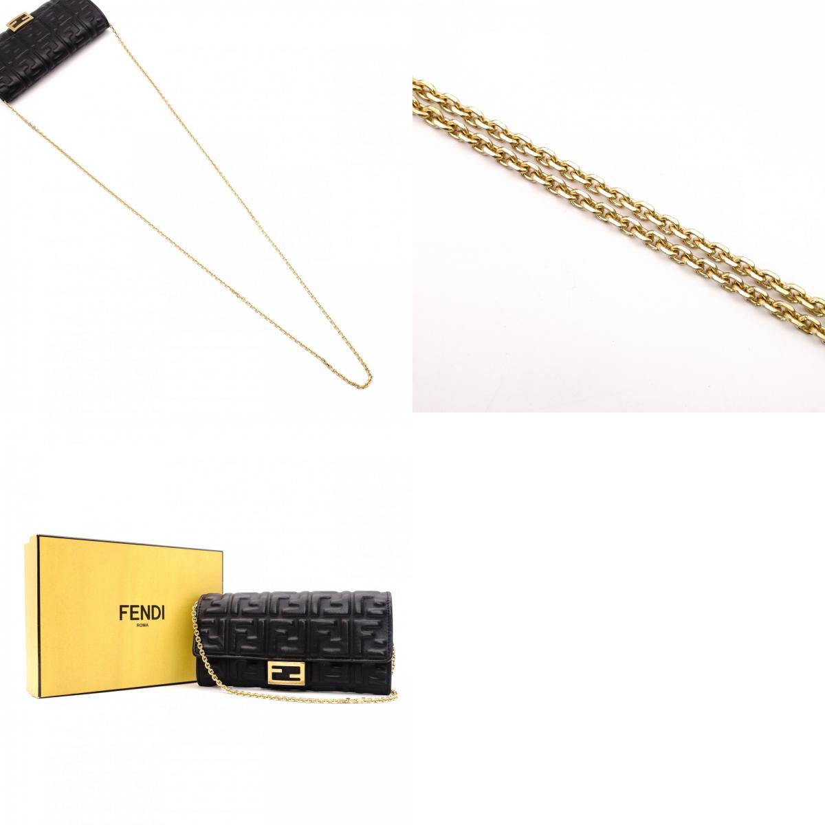 FENDI Baguette Chain Wallet Shoulder Bag, Leather, Black