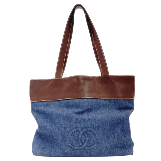 CHANEL Denim Tote Bag Canvas Leather Shoulder CC Mark Logo Blue × Brown R801530