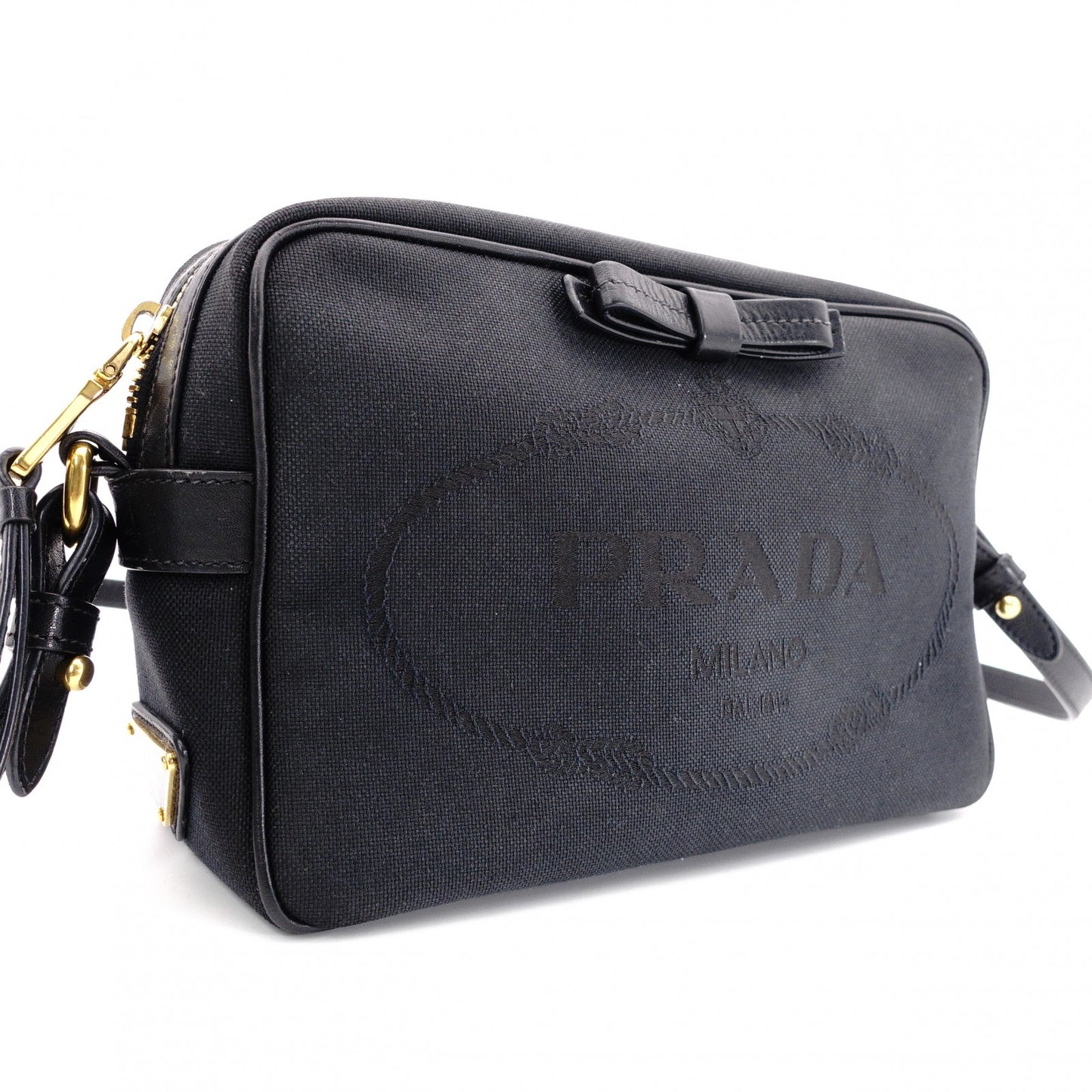 PRADA Prada Logo Jacquard Ribbon Camera Shoulder Bag Canvas Black
