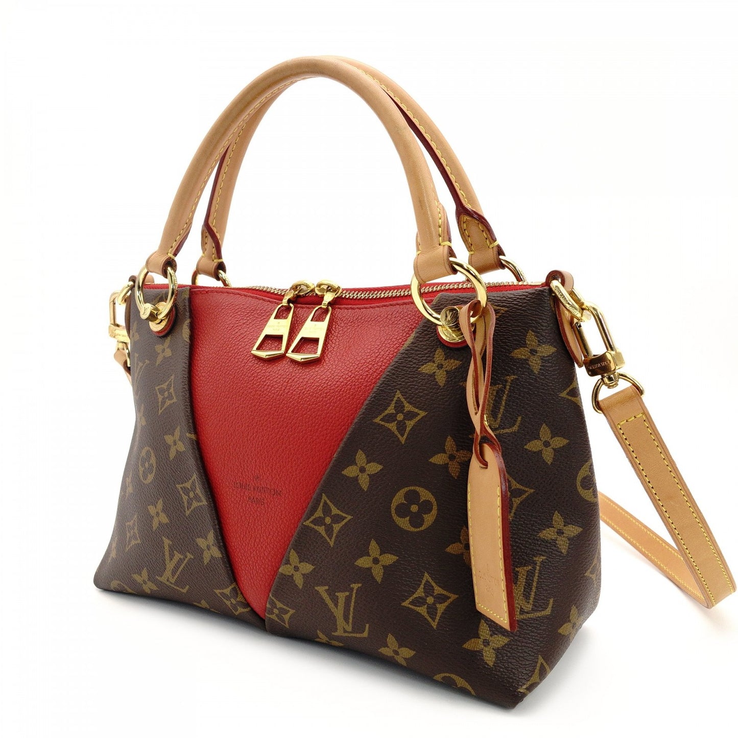 Louis Vuitton V Tote BB 2-Way Handbag Brown × Red Monogram Crossbody 7-9-158