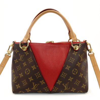 Louis Vuitton V Tote BB 2-Way Handbag Brown × Red Monogram Crossbody 7-9-158