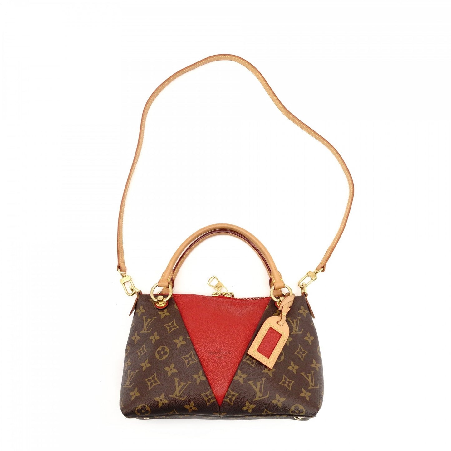 Louis Vuitton V Tote BB 2-Way Handbag Brown × Red Monogram Crossbody 7-9-158