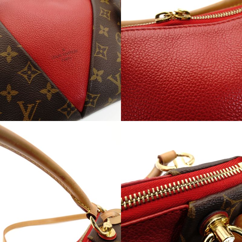 Louis Vuitton V Tote BB 2-Way Handbag Brown × Red Monogram Crossbody 7-9-158
