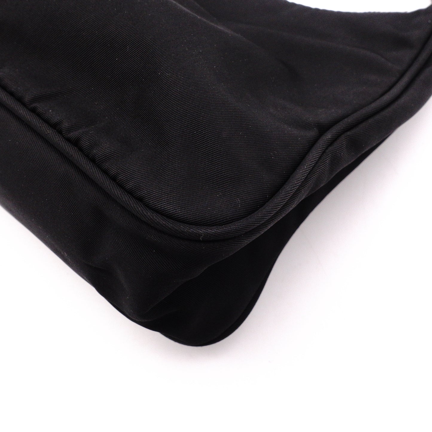 PRADA Mini Hobo Bag, Handbag, Nylon, Black, Triangle Logo, Mini Bag