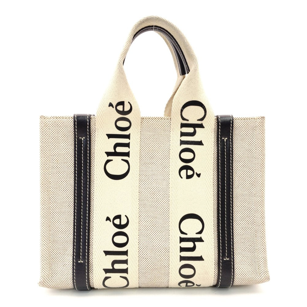 CHLOE Woody Small Handbag Canvas Navy × Beige Leather R801670