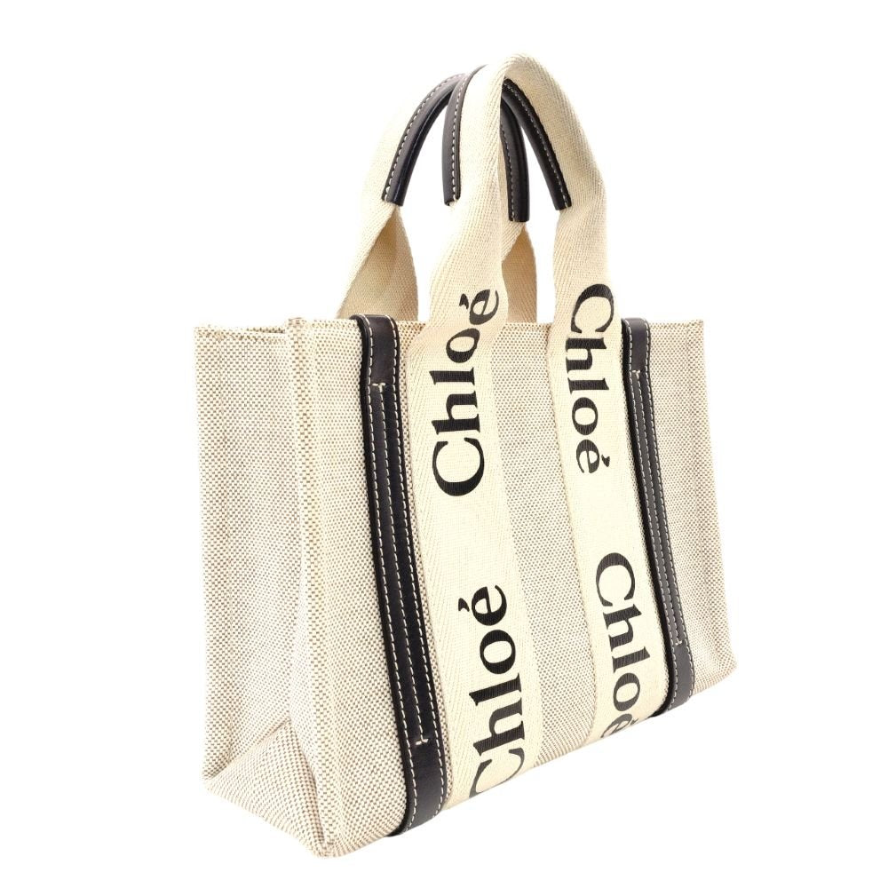 CHLOE Woody Small Handbag Canvas Navy × Beige Leather R801670