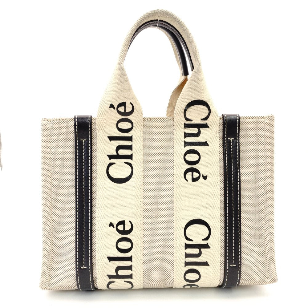 CHLOE Woody Small Handbag Canvas Navy × Beige Leather R801670