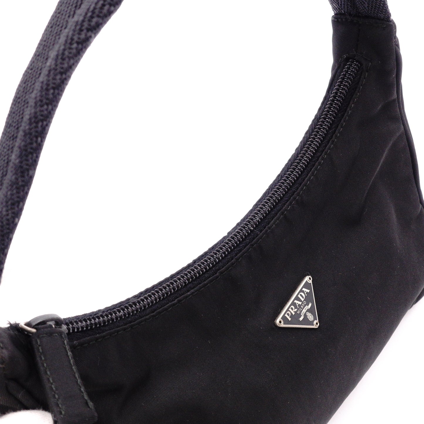 PRADA Mini Hobo Bag, Handbag, Nylon, Black, Triangle Logo, Mini Bag