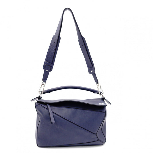 LOEWE Puzzle Small Handbag, Leather, Navy, 2-Way, Silver Hardware