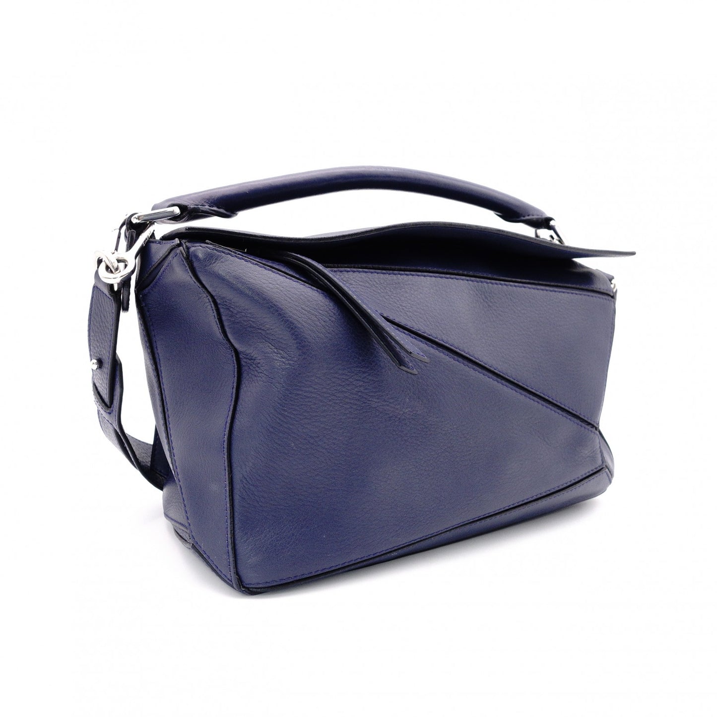 LOEWE Puzzle Small Handbag, Leather, Navy, 2-Way, Silver Hardware