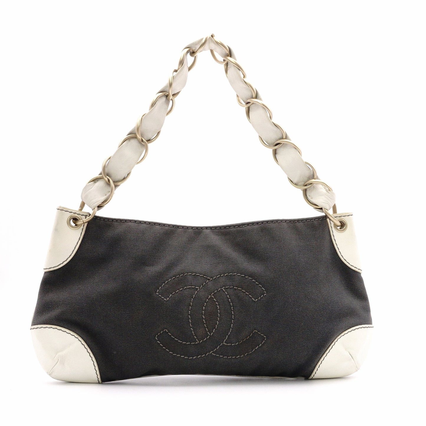 CHANEL Olsen Shoulder Bag, Leather, Gray and White Canvas, CC Logo, Single-Shoulder