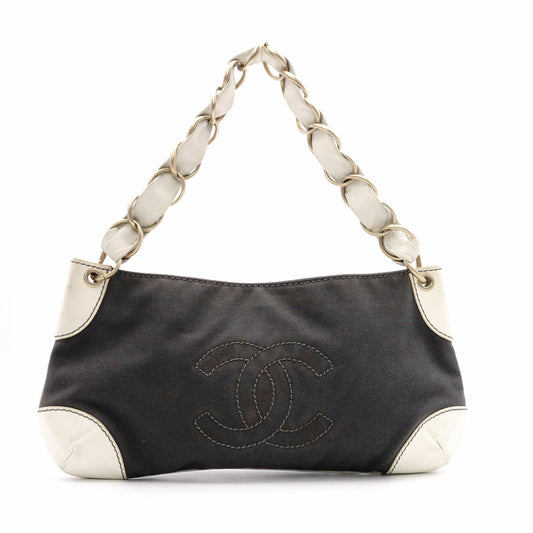 CHANEL Olsen Shoulder Bag, Leather, Gray and White Canvas, CC Logo, Single-Shoulder