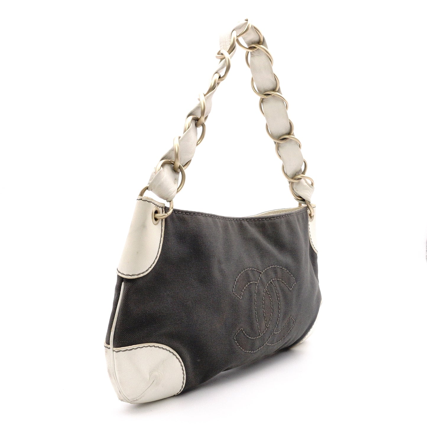 CHANEL Olsen Shoulder Bag, Leather, Gray and White Canvas, CC Logo, Single-Shoulder