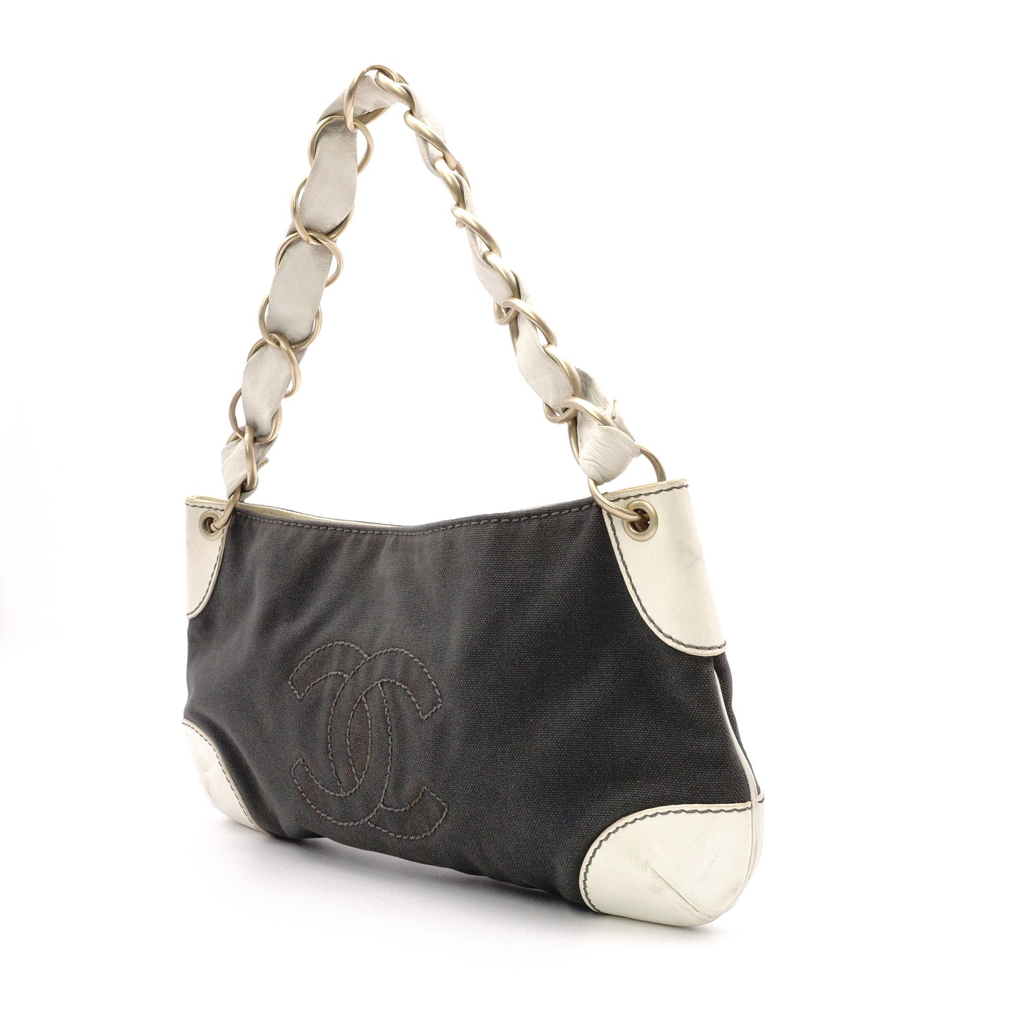 CHANEL Olsen Shoulder Bag, Leather, Gray and White Canvas, CC Logo, Single-Shoulder