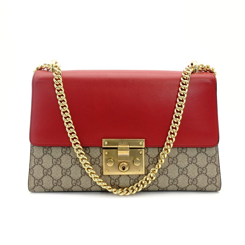GUCCI Chain Shoulder Bag GG Canvas PVC Beige × Pink × Red Leather Crossbody 7-7-735