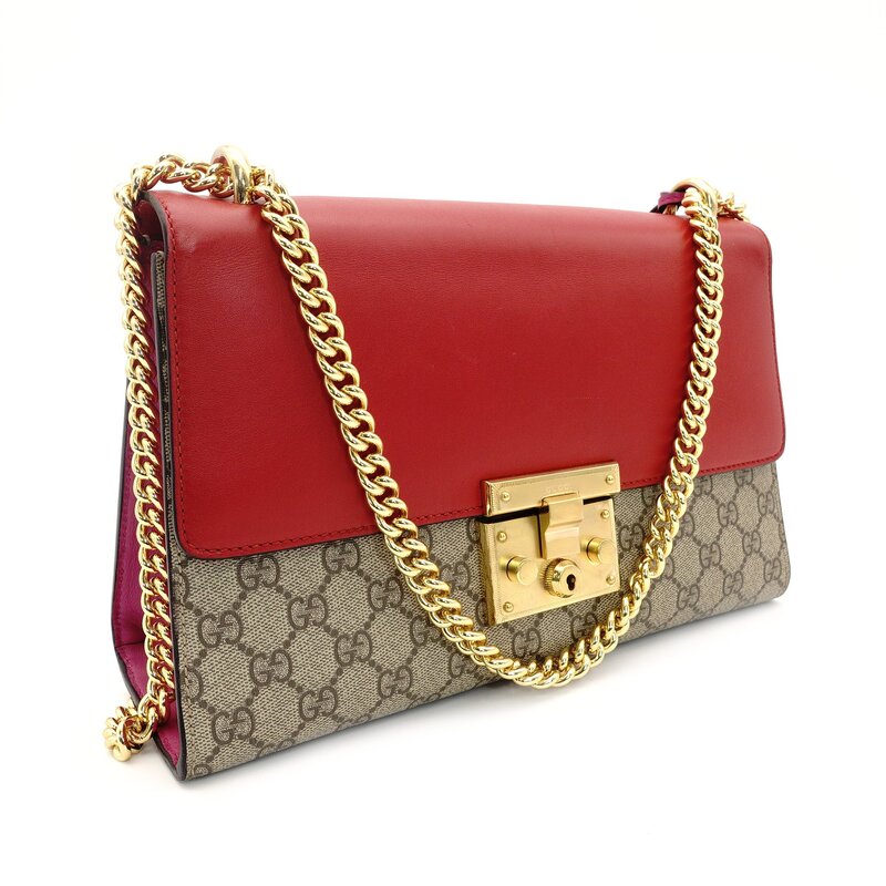 GUCCI Chain Shoulder Bag GG Canvas PVC Beige × Pink × Red Leather Crossbody 7-7-735