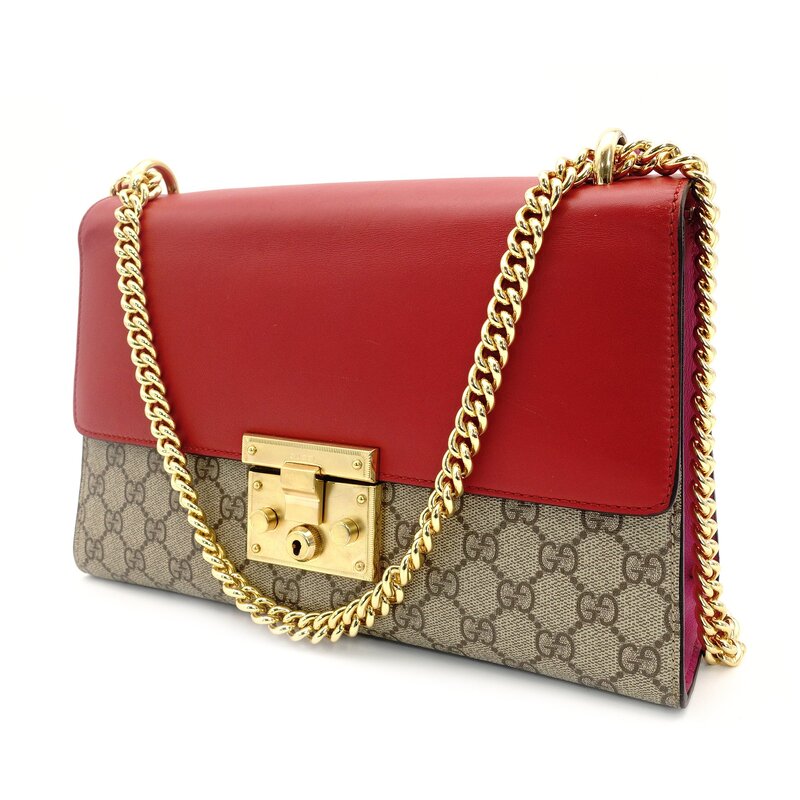 GUCCI Chain Shoulder Bag GG Canvas PVC Beige × Pink × Red Leather Crossbody 7-7-735