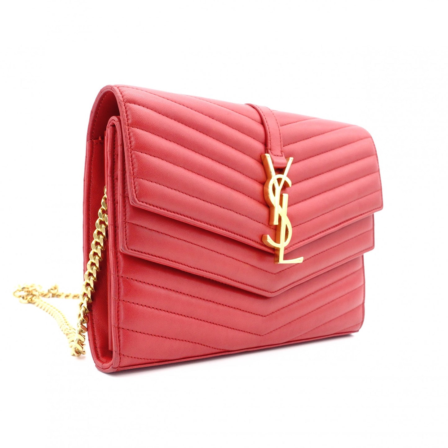 YVES SAINT LAURENT Chain Wallet V-Stitch Shoulder Bag, Leather, Red